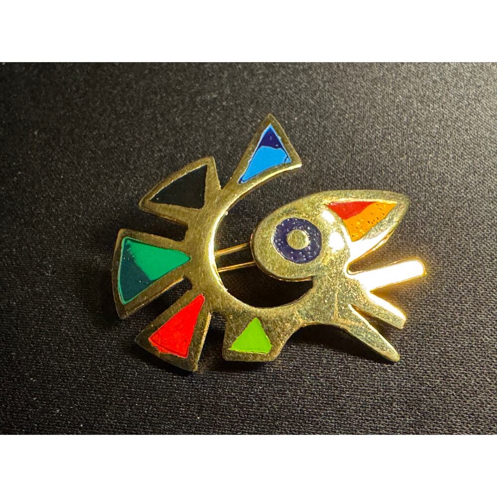 Vintage Modernist Bird Brooch Gold Tone Colorful Enamel